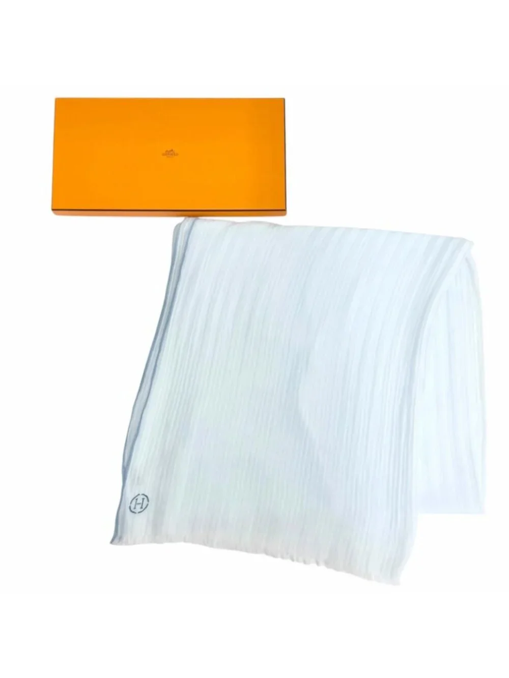 Hermes Naoshima Cotton 100% Blue Zee White H Logo Mini Fringe Large Shawl Scarf